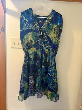 MG Collection Blue & Green Printed Sleeveless Dress